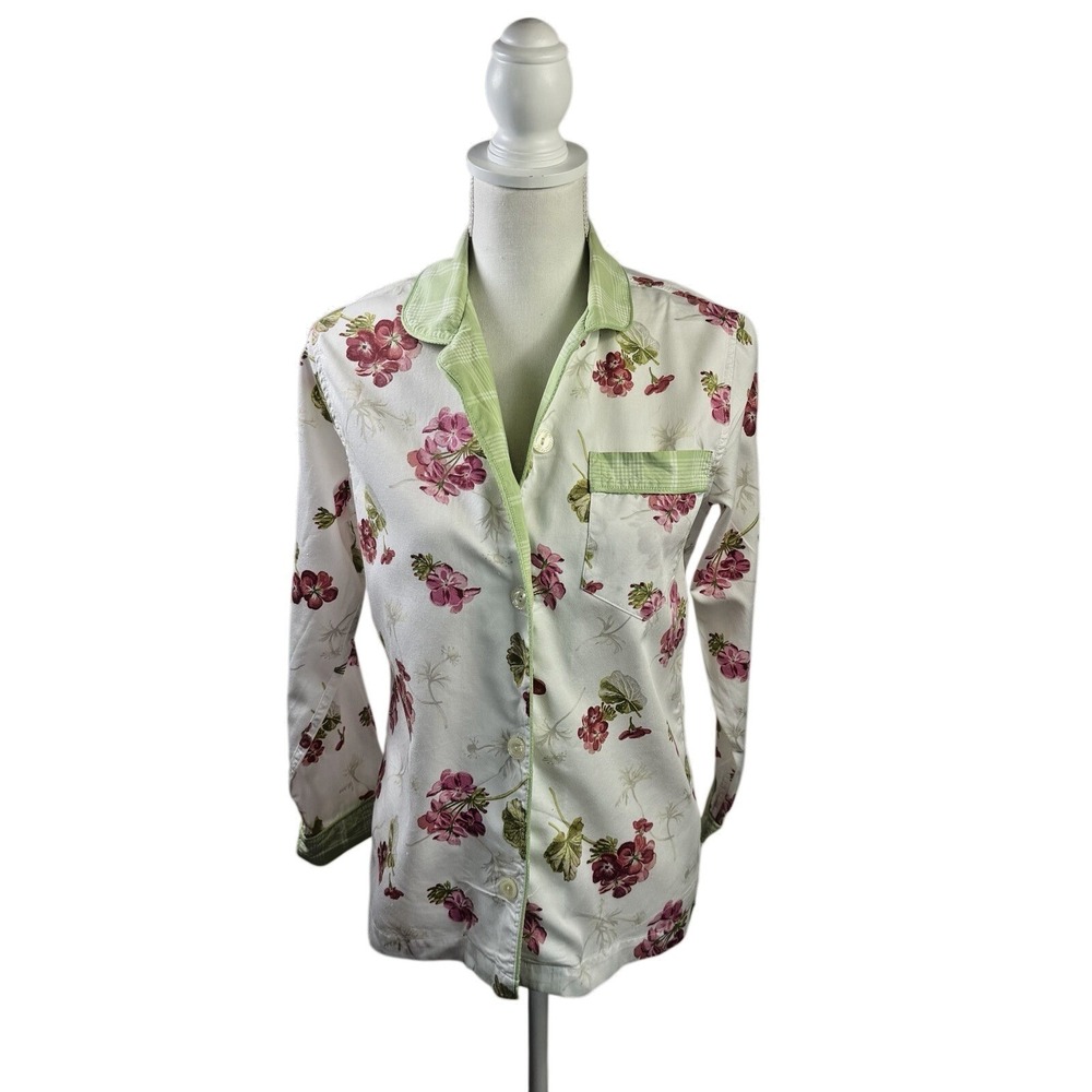 LLBean Women's XS Pink and Green Floral Pajama Top 100% Cotton